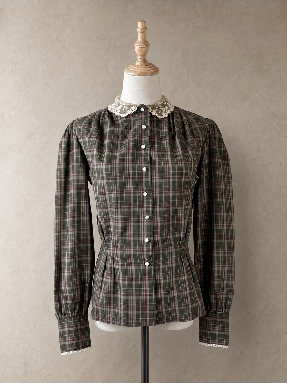 Ralph Lauren Blue Label c. 1980s Lace Collar Blouse Olivewood Plaid | 6